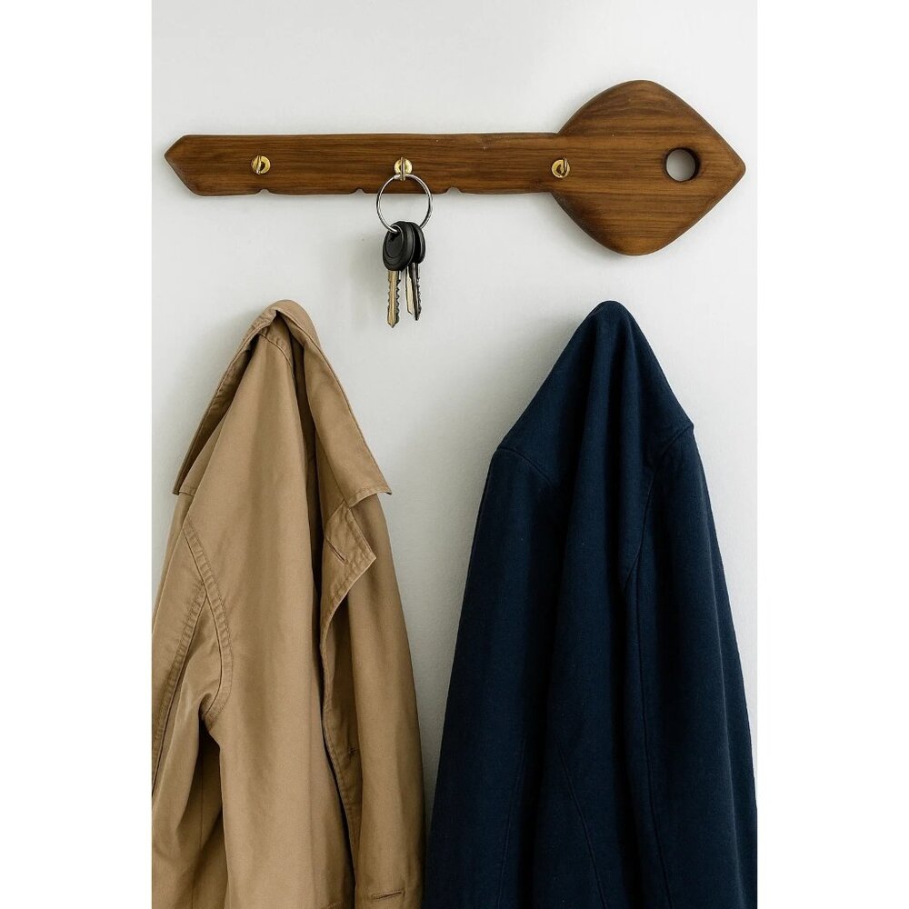 Vintage 80s Wooden Key Shaped 3 Hook Wood Wall Mounted Holder Tonya Enoch